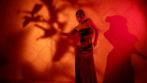 fascinating belly dancer woman is moving seductively in palace in night, mysterious shadows