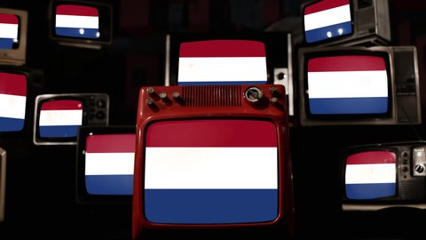 Flag of the Kingdom of the Netherlands and Vintage Televisions. 4K Resolution.