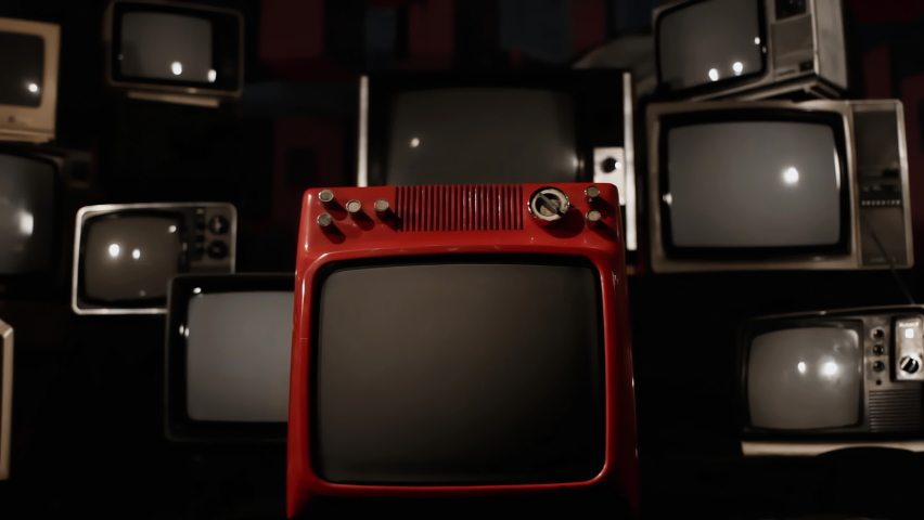 The National Flag of Poland with Coat of Arms of the Republic of Poland and Vintage Televisions. 4K Resolution.