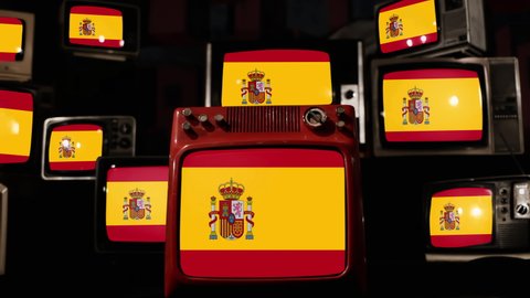 Flag of Spain and Vintage Televisions. 4K Resolution.
