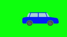 Blue car. Side view. Cartoon blue car. The car moves forward, exhaust gases appear, and periodically disappear from behind. Harm to the environment from emissions. 2D looped video on chroma key