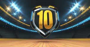 Countdown before sports match from ten to one. Rotating of metallic shield above wooden basketball or volleyball court. Sports arena in 4k video animation.