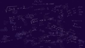 Animation of mathematical equations over blue background. global education, connections, data processing and technology concept digitally generated video.
