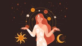 Mystic Woman video concept. Beautiful moving girl with stars, astrological signs, planets and crescent moon. Magical or esoteric character. Fortune teller or clairvoyant. Flat graphic animated cartoon