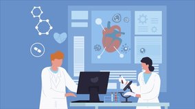 Scientists and laboratory video concept. Moving cardiologists conduct heart diagnosis or experiment and develop vaccine for various diseases. Microbiology and prevention. Flat graphic animated cartoon