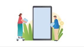 Mobile app development process video concept. User interface. Moving man and woman create icons for application menu. Creative employees stand next to large smartphone. Flat graphic animated cartoon