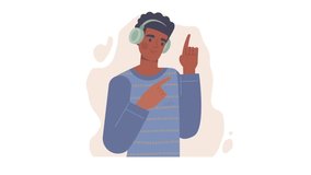 Music person video concept. Young moving man with headphones listening to song or melody, dancing and having fun. Entertainment for teenagers and adults. Popular track. Flat graphic animated cartoon