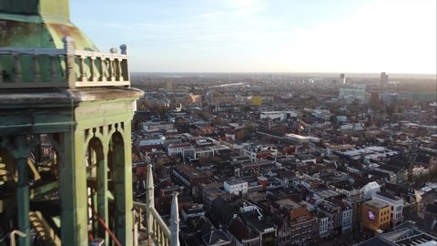 GRONINGEN, NETHERLANDS - 27. FEBRUARY 2022: Aerial view close-by shot of the Martinitoren church.