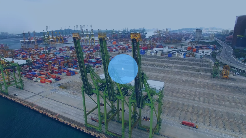 Network of digital icons against aerial view of the port. global networking and logistics business concept