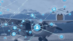 Network of digital icons and drone carrying a delivery box against plane parked in an airport. global networking and logistics business concept - Powered by Shutterstock - Get 15% off with code: PIKWIZARD15