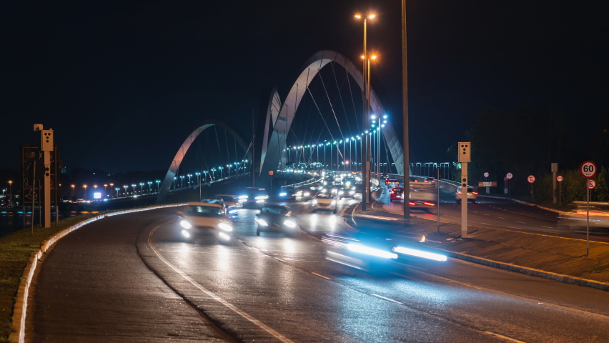 Time lapse view of night traffic on JK bridge in Brasilia, Federal District, capital of Brazil. 
