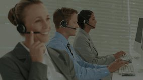 Animation of financial data processing over diverse business people with headsets. global business, finances, connections and digital interface concept digitally generated video.
