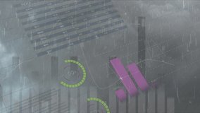 Animation of financial data processing over clouds and rain. global business, finances, connections and digital interface concept digitally generated video.