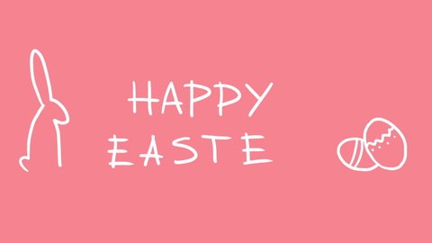 Greeting video for easter holiday. Handwritten congratulations text on pink background. Frame-by-frame animation of white text Happy Easter, linear drawing of Easter bunny, Easter eggs with pattern