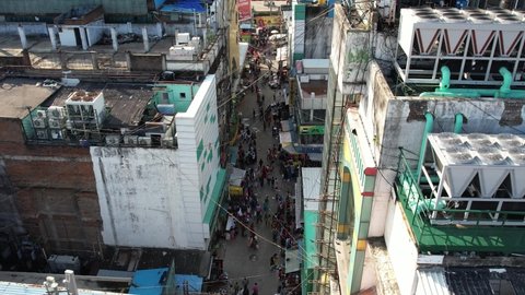 CHENNAI , Tamil Nadu , India - 02 19 2022: CHENNAI, INDIA - 2022: Aerial shot of Ranganathan Street With People In T.nagar Chennai City India.