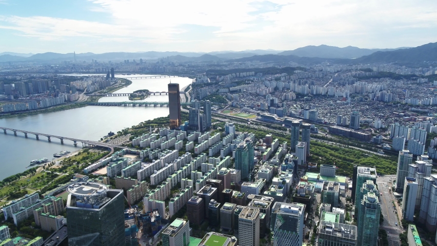 Aerial view of the Han River and the city center in Seoul, South Korea | Shutterstock HD Video #1087682087