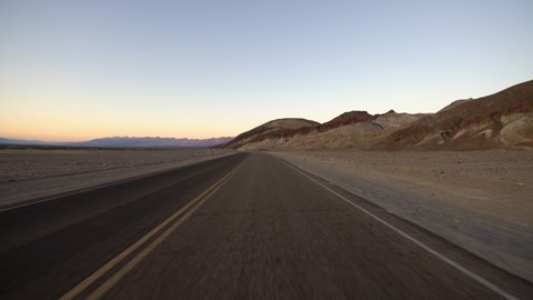 Death Valley Driving Plate Badwater Rd Northbound Dusk 07 Mojave Desert California USA
