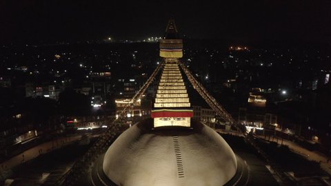 Nepal Boudha Stupa Night Aerial Shot Fly By Kathmandu Log - World Heritage Site