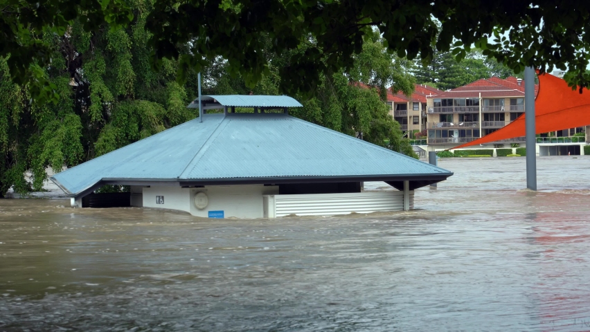River side park flooded after the heavy rain in West End, Brisbane, Australia | Shutterstock HD Video #1087684334