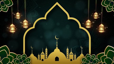 Green and gold color Eid mubarak islamic design concept with hanging ramadan candle lantern and mosque, Abstract background animation 4K