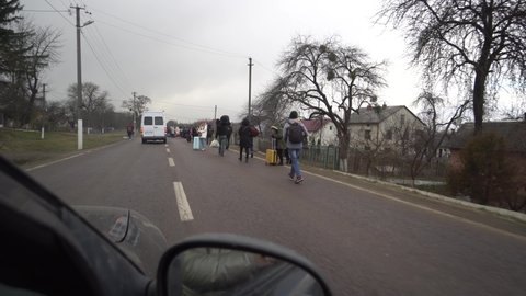 Shehyni, Lviv region, February 27, 2022. Queue at the Ukrainian-Polish border. The war in Ukraine. Shehyni border crossing. War in Ukraine, Lines, refugees on the border, fear