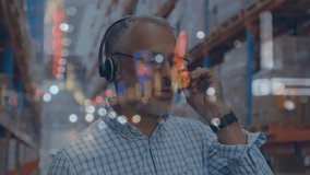 Animation of financial data processing over man working in warehouse. global shipping, delivery, business, data processing and technology concept digitally generated video. - Powered by Shutterstock - Get 15% off with code: PIKWIZARD15