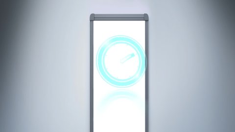 Animation of blue clock over whiteboard. time passing, colour and movement concept digitally generated video.