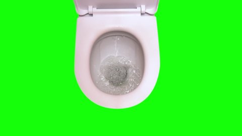 Top view, the toilet flushes water. Slow motion. Green screen, chroma key for isolation and editing, mocap template.