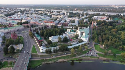  Picturesque summer view of russian town of Yaroslavl with many churches and Kotorosl river at sunset