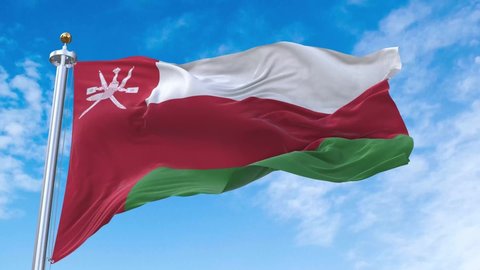 Sultanate of Oman Flag. 4K 3D Realistic Waving Flag with Sky Background