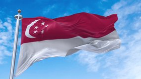Flag of Singapore realistic waving in the wind with sky background (Perfect Loop)