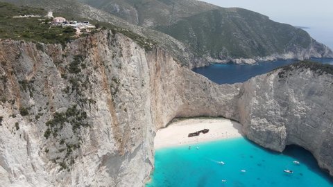 Panoramic view from the top of a stranded ship in the beautiful beach of Navagio, Zakynthos, Greece. Famous travel destination