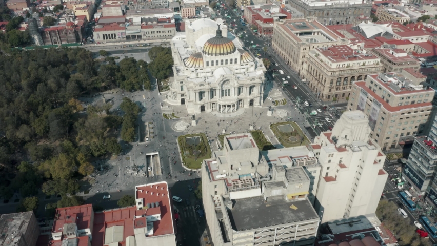 Mexico City With The Iconic Palace of Fine Arts (Palacio de Bellas Artes) - aerial drone shot