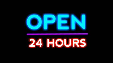 Neon sign animation Open 24 hours on a black background. Blue neon sign Open 24 hours in blue and pink neon color suitable for store or bar and night club,casino.4K footage business concept