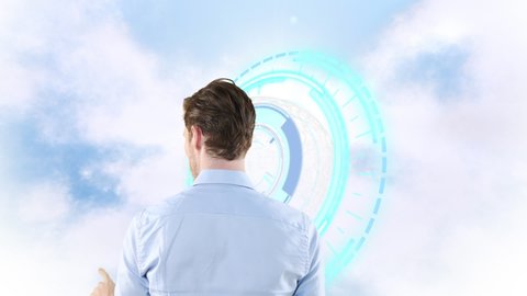 Animation of man and blue clock over cloudy sky. time passing, colour and movement concept digitally generated video.