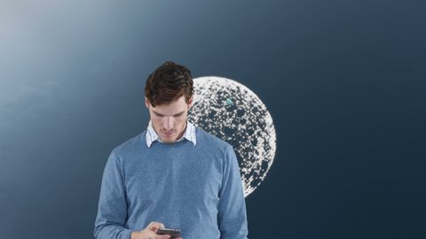 Animation of man using smartphone blue clock over cloudy sky. time passing, colour and movement concept digitally generated video.