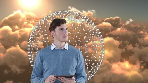 Animation of man using tablet over cloudy sky. time passing, colour and movement concept digitally generated video.