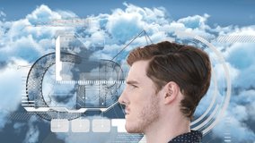 Animation of man and digital interface over cloudy sky. time passing, colour and movement concept digitally generated video.