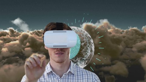 Animation of man using vr headset blue clock over cloudy sky. time passing, colour and movement concept digitally generated video.