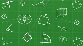 Animation of moving mathematical formulas over green background. science, education and learning concept digitally generated video.