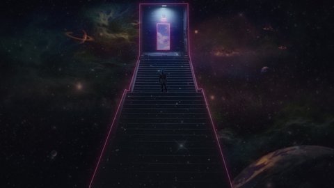 Woman On Stairway Deep Space Door Open Cloudy Sky. Woman standing on a stairway in space looking to a door opened to a blue sky on earth.