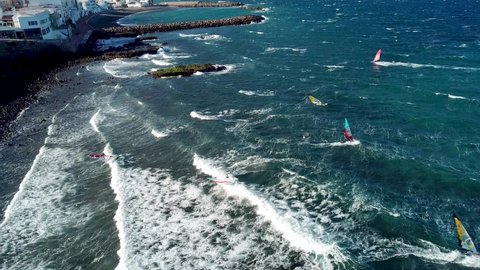 Aerial drone view from wind surfing in Gran Canaria, Spain, Canary Islands