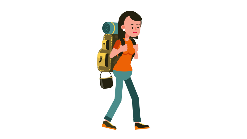 Woman hiker with big tourist backpack. Cartoon Woman goes on a hiking trip. Looped animation with alpha channel. | Shutterstock HD Video #1087713629