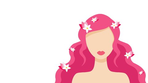 4K Animated Beautiful Woman with flowers on hair. Women's day animation concept template for multiple uses. A beautiful woman with pink hair and flowers. 8 March Happy international women's day card. 