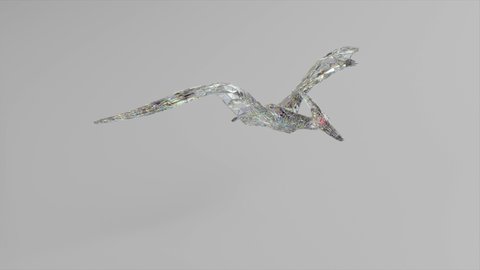 Diamond pterodactyl flying. The concept of nature and animals. Low poly. White color. 3d animation of seamless loop