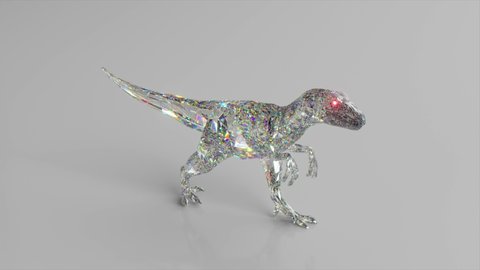 Walking diamond velociraptor. The concept of nature and animals. Low poly. White color. 3d animation of seamless loop