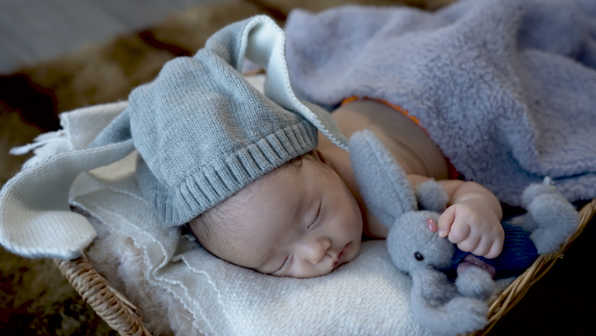 4K 25fps, Cute Asian newborn baby. wearing a blue rabbit Sleep well. By hugging the rabbit doll. lying in a wicker basket	
