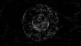 Animation of networks of connections with icons over globe on black background. global connections, digital interface and technology concept digitally generated video.