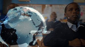 Animation of networks of connections and globe over diverse schoolchildren in classroom. global education, technology and connections concept digitally generated video.