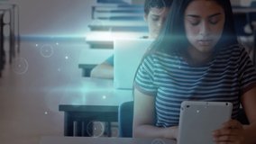 Animation of networks of connections over diverse schoolchildren in classroom. global education, technology and connections concept digitally generated video. - Powered by Shutterstock - Get 15% off with code: PIKWIZARD15